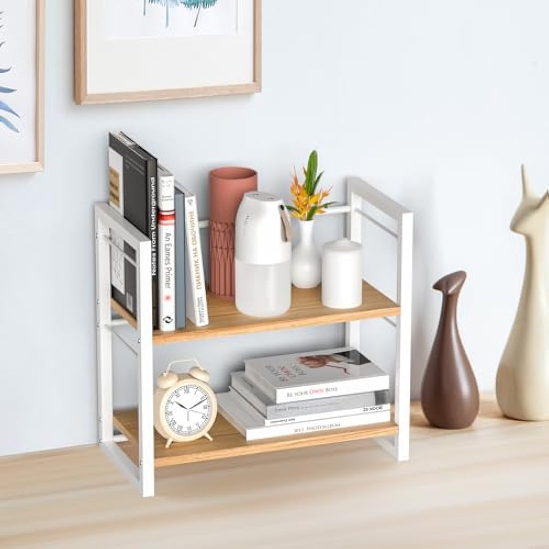 THYGIFTREE Office Desk Shelf Organizer, Wood Desktop Bookshelf Supplies Storage Rack, Shelf for Top of Desk and Dresser (WHITE)