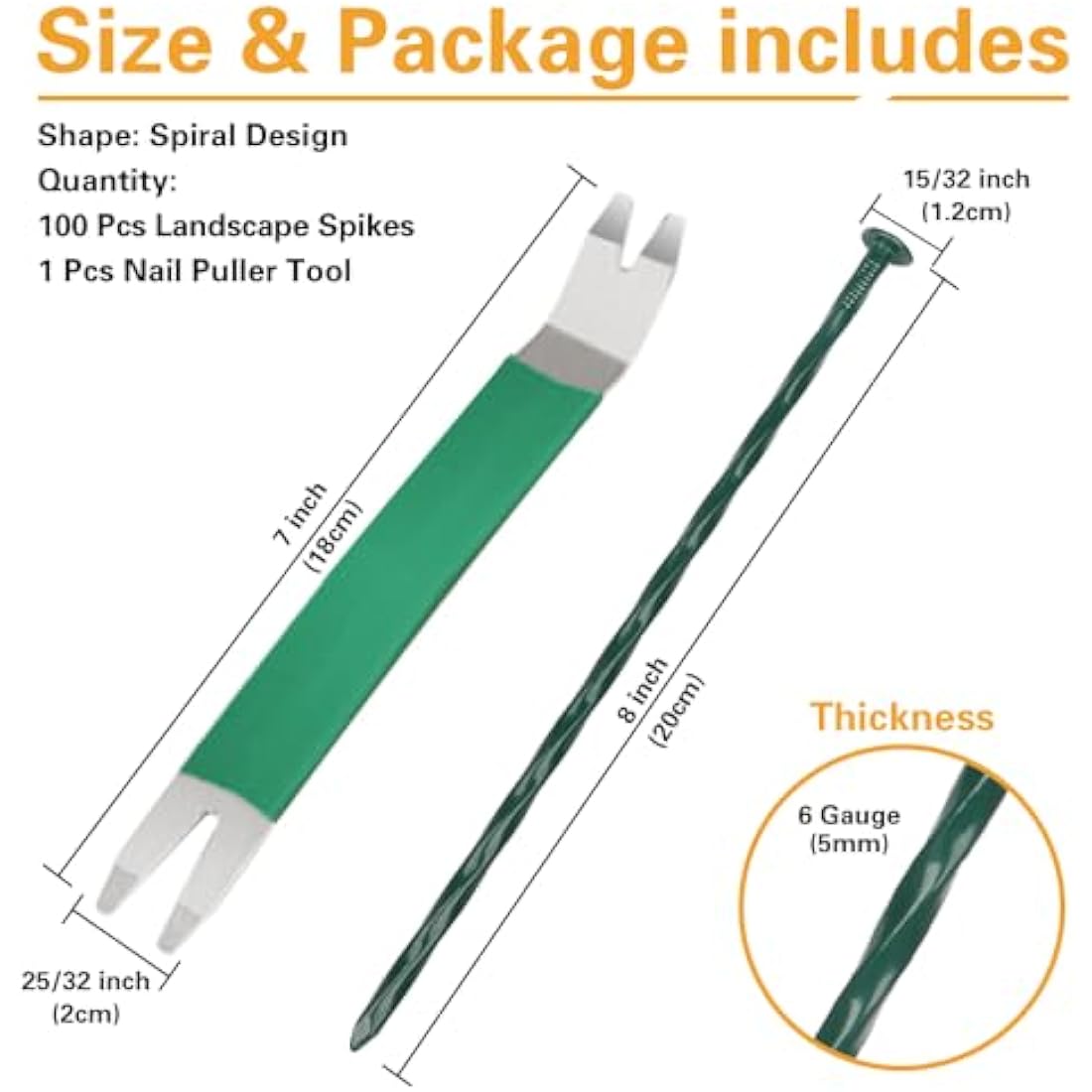Bakulyor 100 Pack Metal Landscape Stakes, 8 Inch Artificial Grass Spikes, 6 Gauge Large Landscaping Staples, Green Edging Anchor Stake for Garden Ground Grass Lawn Paver Timber Border Weed Barrier 8"