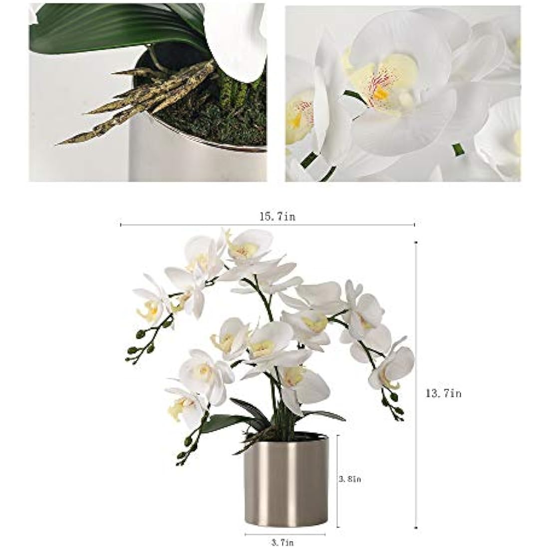 LESING Artificial Orchid Flower with Vase, White Orchid Bonsai Faux Orchid Phalaenopsis Plant Pot Arrangements for Home Decoration (White,Silver Vase)