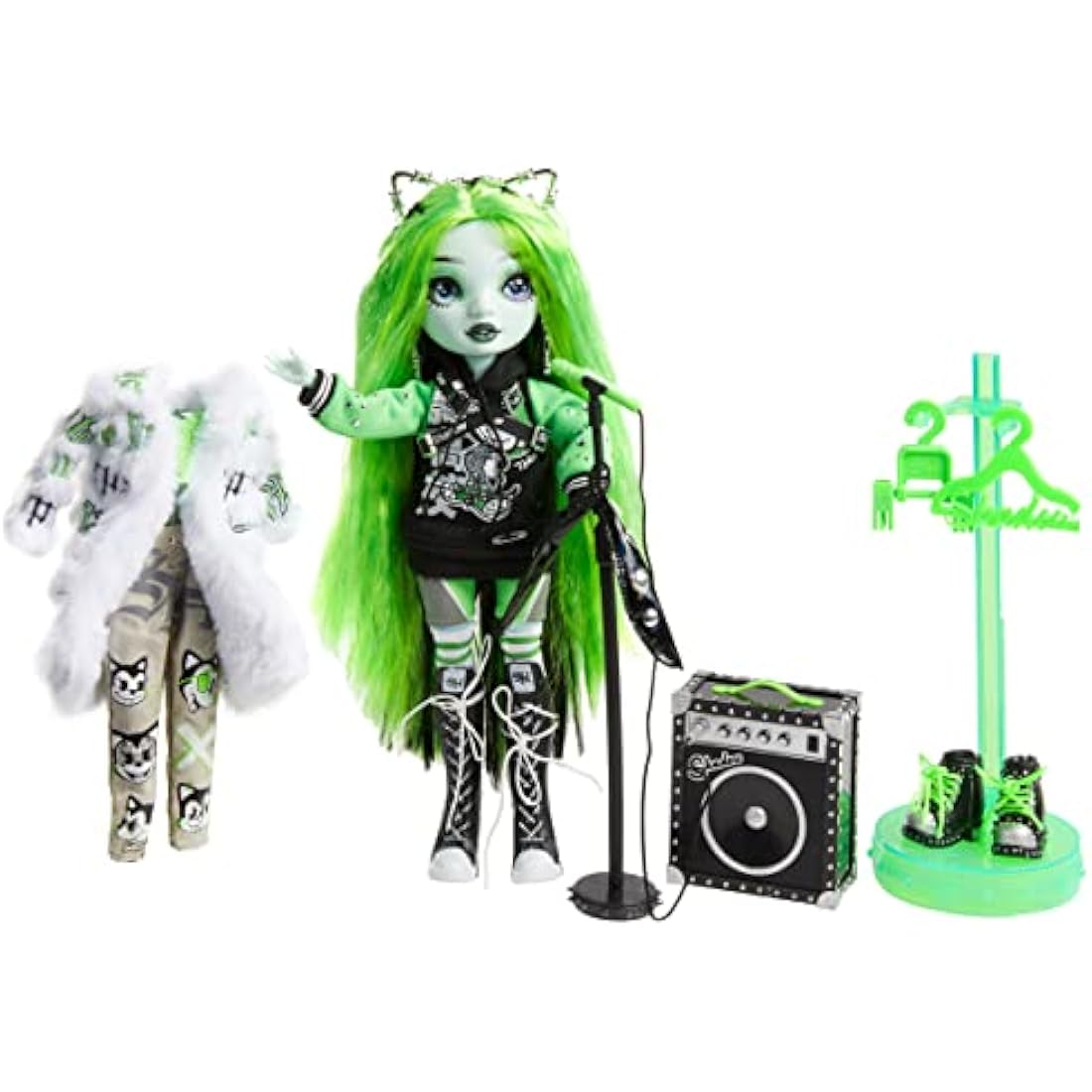 Shadow High Rainbow Vision Neon Shadow - HARLEY LIMESTONE - Neon Green Fashion Doll, Mix & Match Designer Outfits and Rock Band Accessories Playset - For Kids and Collectors Ages 6+