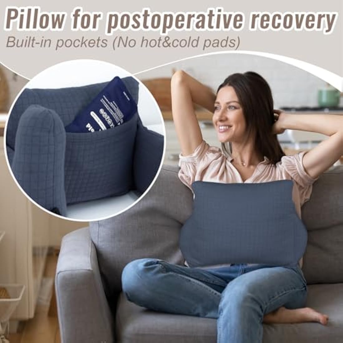 RoamReady Hysterectomy Recovery Pillow, Post-Surgery Cushion for Abdomen C-Section Tummy Tuck Lumpectomy Myomectomy Patients Must Haves Abdominal Pillow with Pocket (Navy Blue)
