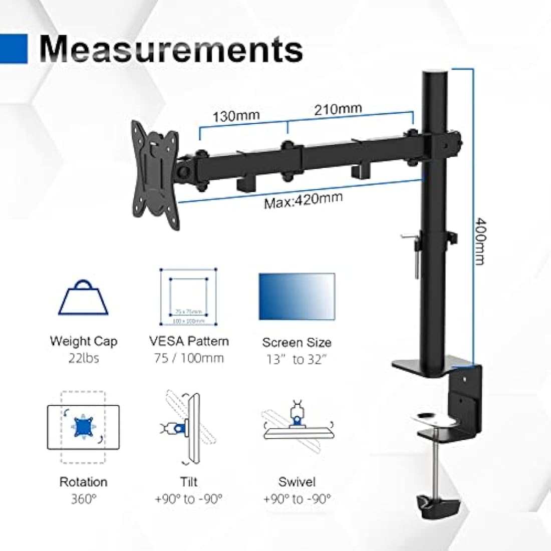 GRIFEMA Single Monitor Arm Desk Mount for 13" to 32" Screens, 2 Mouting Options with Tilt Swivel Rotation, Max. Load 10kg, VESA 75x75 100x100 GB2001-1,Black/White