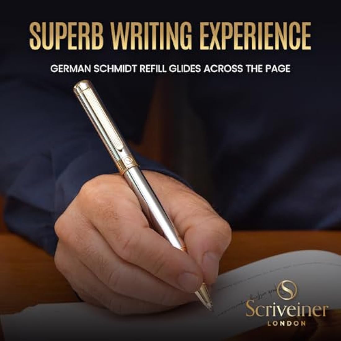 Scriveiner Silver Chrome Rollerball Pen - Stunning Luxury Pen, Real Gold Plating, Schmidt Ink Refill, Best Roller Ball Pen Gift Set for Men & Women, Professional, Executive Office, Nice, Fancy Pens