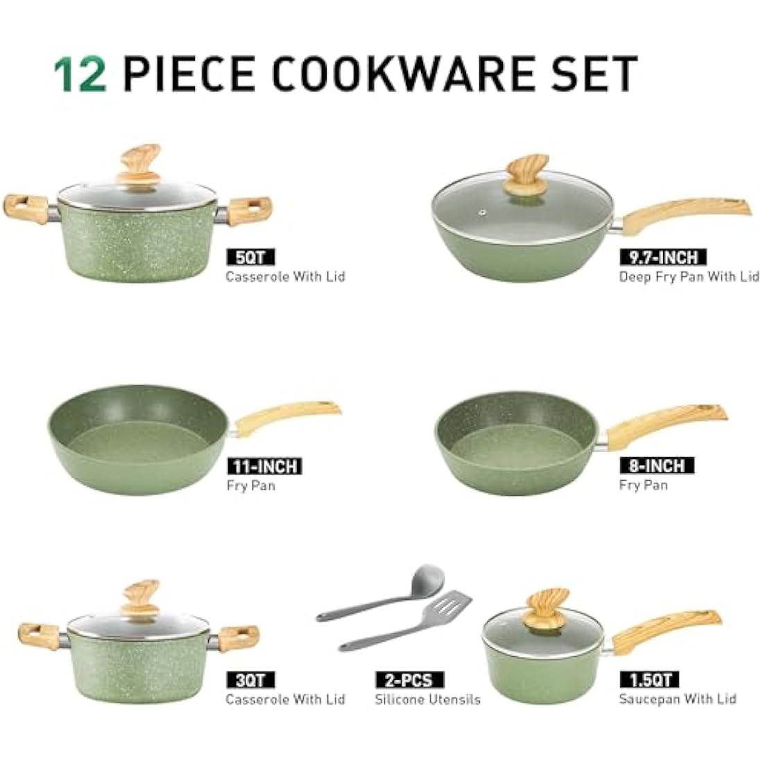 Kitchen Academy 12 Pieces Nonstick Pots and Pans Set, Induction Cooking Pan Set, Non Stick Saucepan Set, Frying Pan Set (Green)