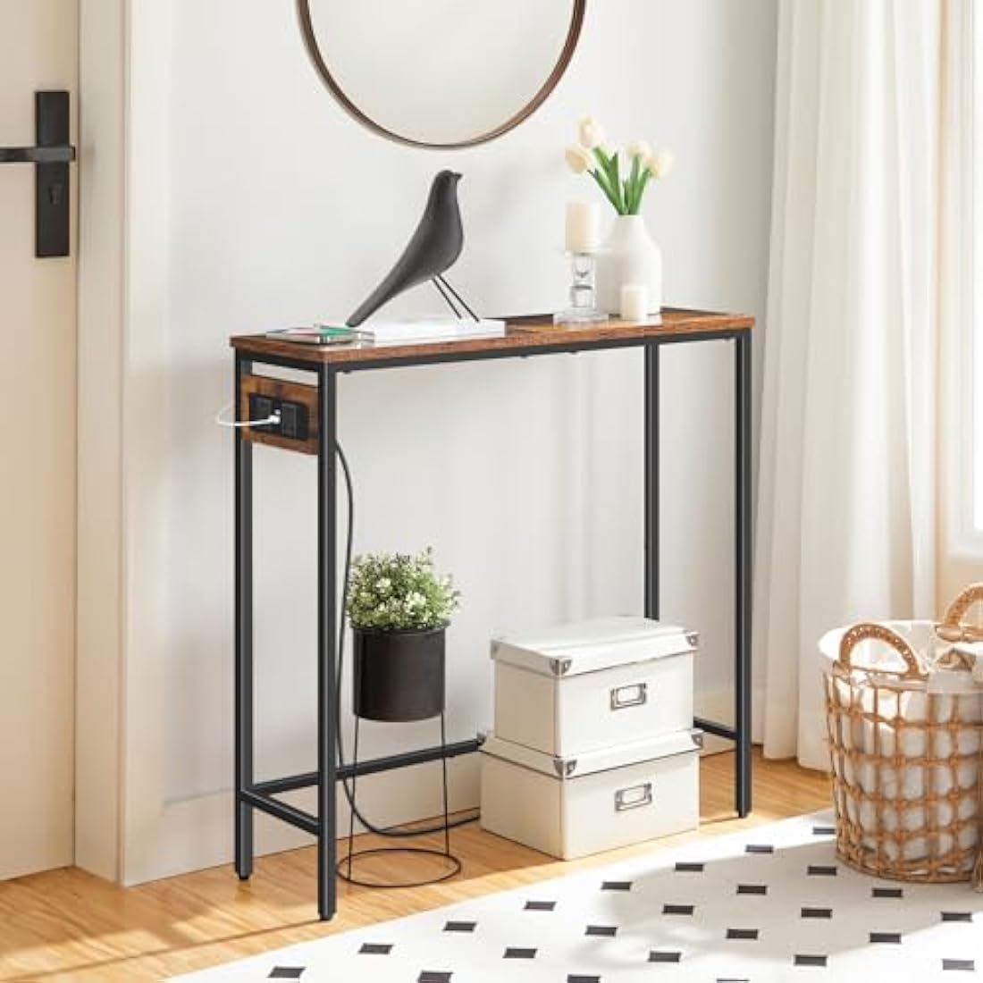 HOOBRO Console Table with Power Outlets, Slim Console Table with Charging Station, Hallway Table, Narrow Sofa Table for Small Space, Hallway, Entryway, Living Room, Rustic Brown and Black EBF75KXG01G1