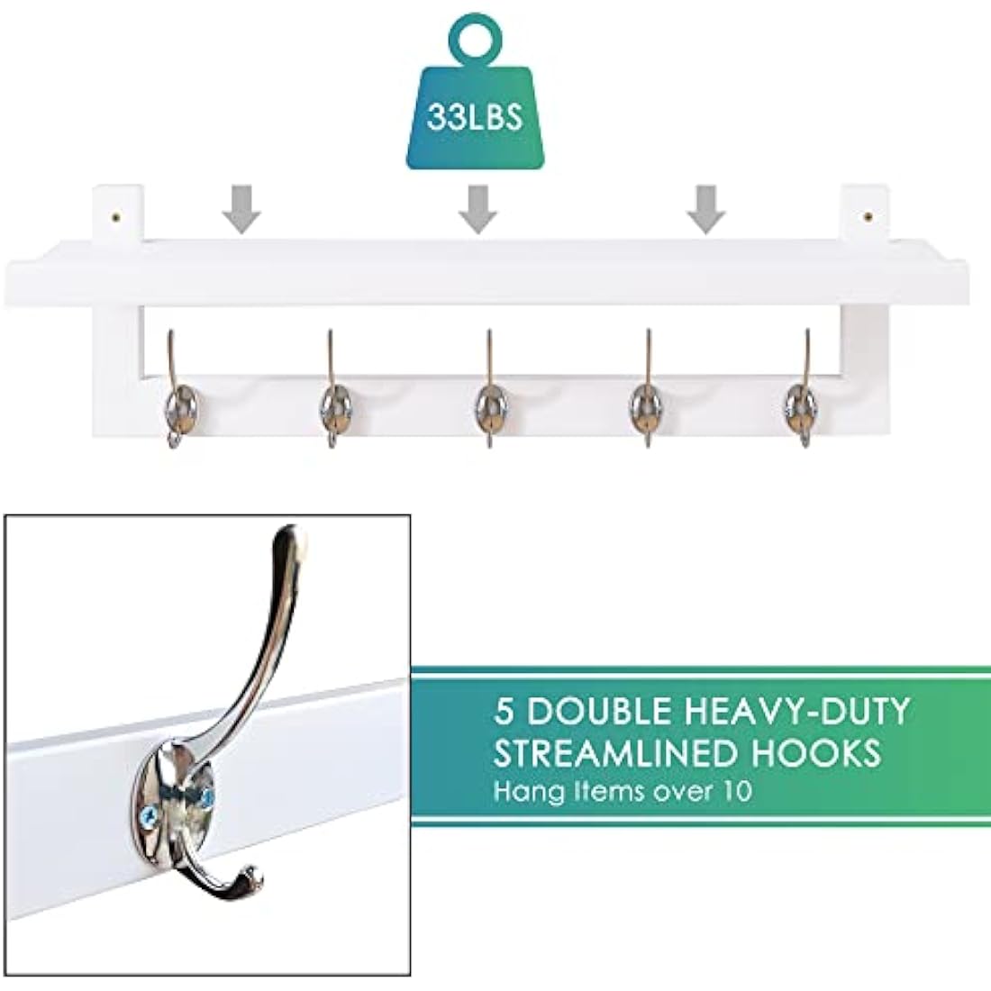 SMIBUY Coat Hooks with Shelf Wall-Mounted, 74 cm Entryway Coat Rack for Wall, Bamboo Hanging Shelf with 5 Double Metal Hooks for Bathroom, Bedroom, Kitchen, Living Room, Mudroom (White)