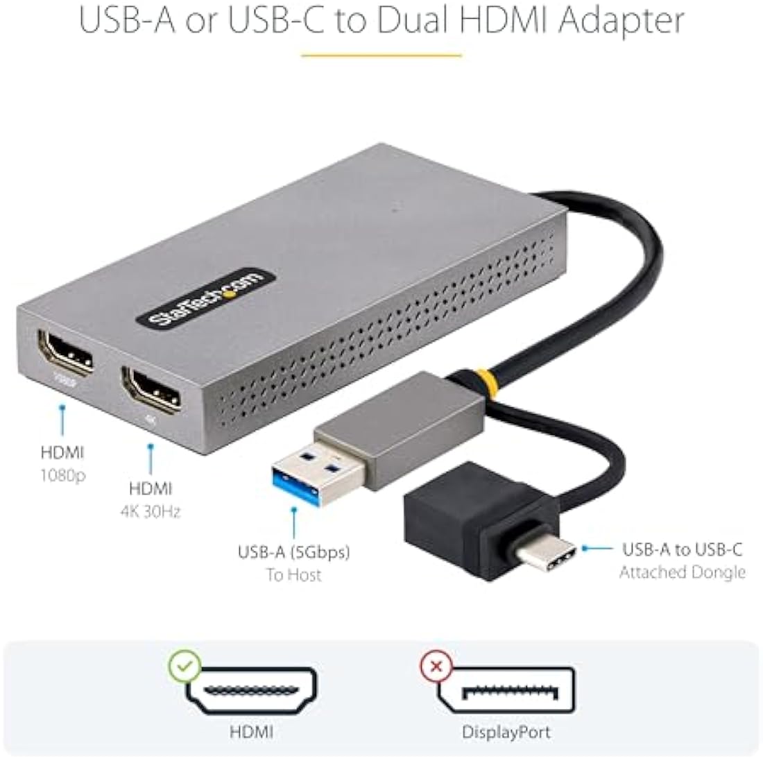 StarTech.com USB 3.0 or USB-C to Dual HDMI Adapter for Windows & macOS, 2x HDMI Displays (1x 4K30Hz, 1x 1080p), Integrated USB-A to C Dongle, 4in/11cm Cable (107B-USB-HDMI)