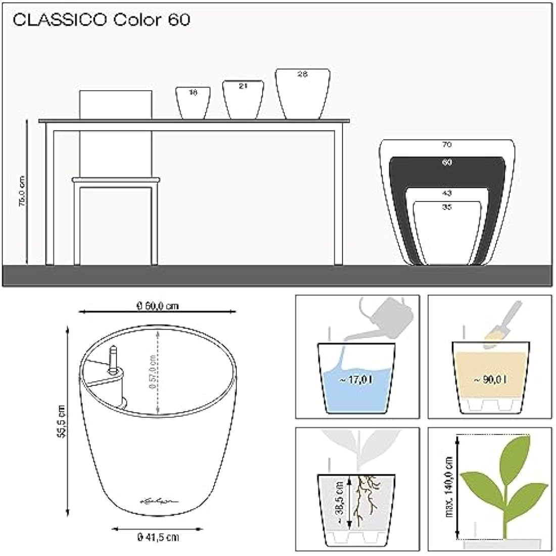 Lechuza CLASSICO Color 60 Self Watering Planter Large Garden Plastic Indoor and Outdoor Flower Plant Pot with Drainage Hole D60 H55.5 cm Sand Brown