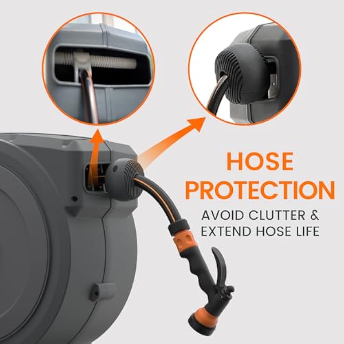 Giraffe Tools Retractable Hose Reel Wall Mounted, 35+2m Garden Hose Reel, 180° Pivotal with 7 in 1 Spray Nozzle, Grey