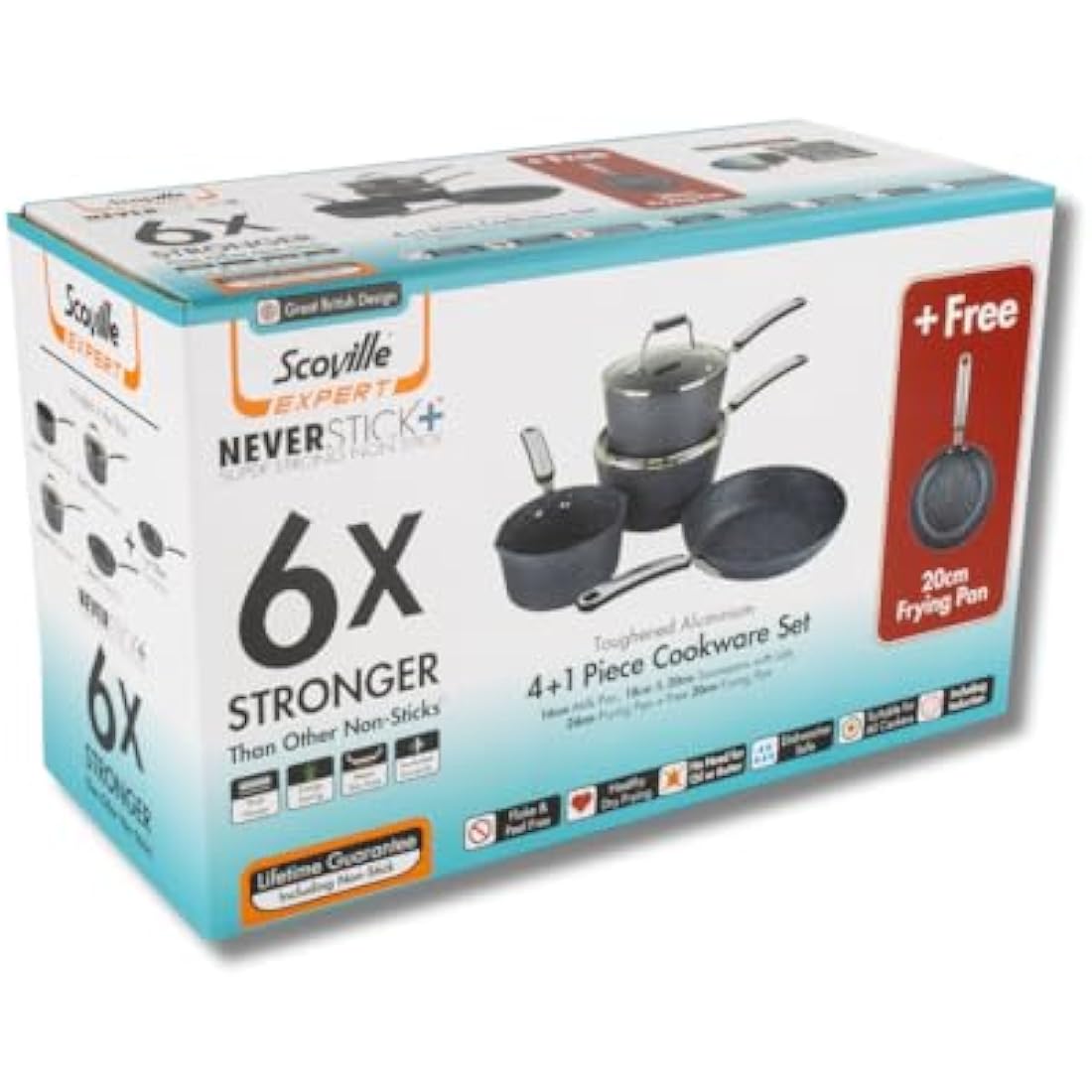 Scoville Expert Neverstick+ 4+1 Piece Cookware Set - Non-Stick Pans Set, 16cm Milk Pan, 18/20cm Saucepans, 20/24cm Frying Pans, Suitable for All Hobs, PFOA Free, Dishwasher Safe, Aluminium, Grey