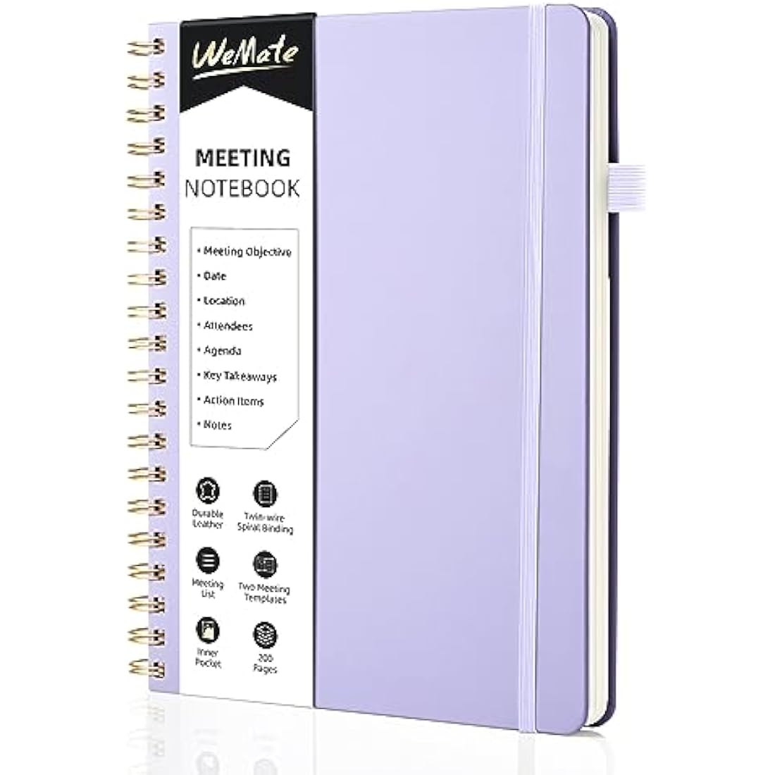 WEMATE Meeting Notebook B5 (7"x10") - PU Leather Planner Notebook with Agenda, Action Items & Notes - 200 Pages for Men&Women, Staff and Students, Meeting, Projects Planning - Light Purple