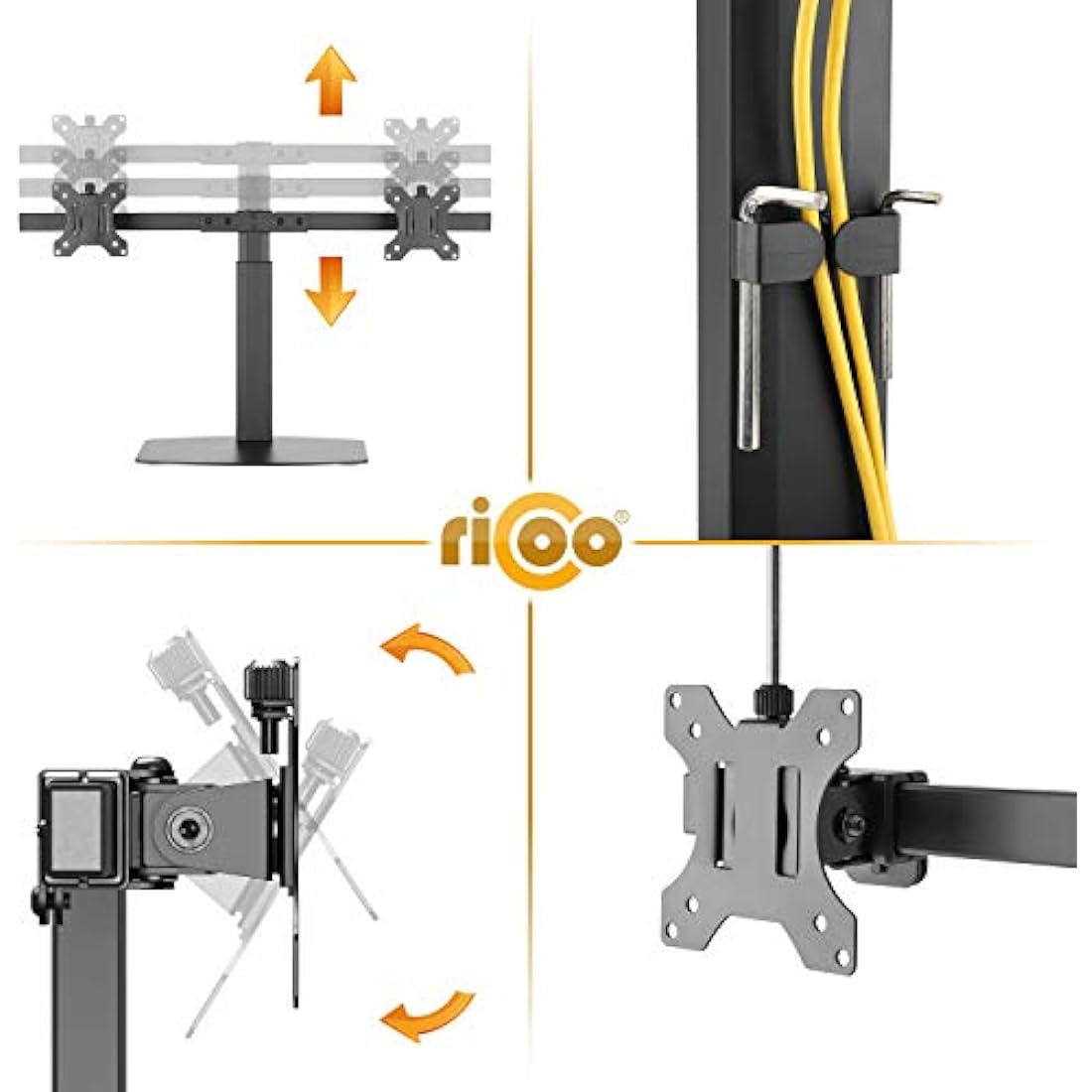 RICOO Dual Monitor Desktop Mount TS4111 gas-powered mounting for 2 flat screens with 17-27 inch with max VESA-Norm 100x100 free-standing double arm bracket PC screen stand in Black