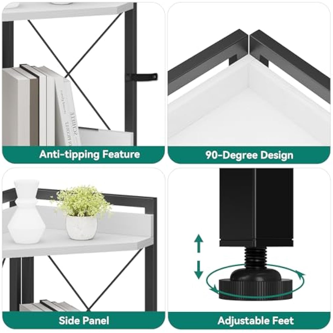 YITAHOME Corner Shelf 4 Tiers, Industrial Bookshelf with Cabinet Floorstanding Bookcase Wooden Storage Rack Shelving Units for Living Room, Home Office, Hallway, White Book shelves