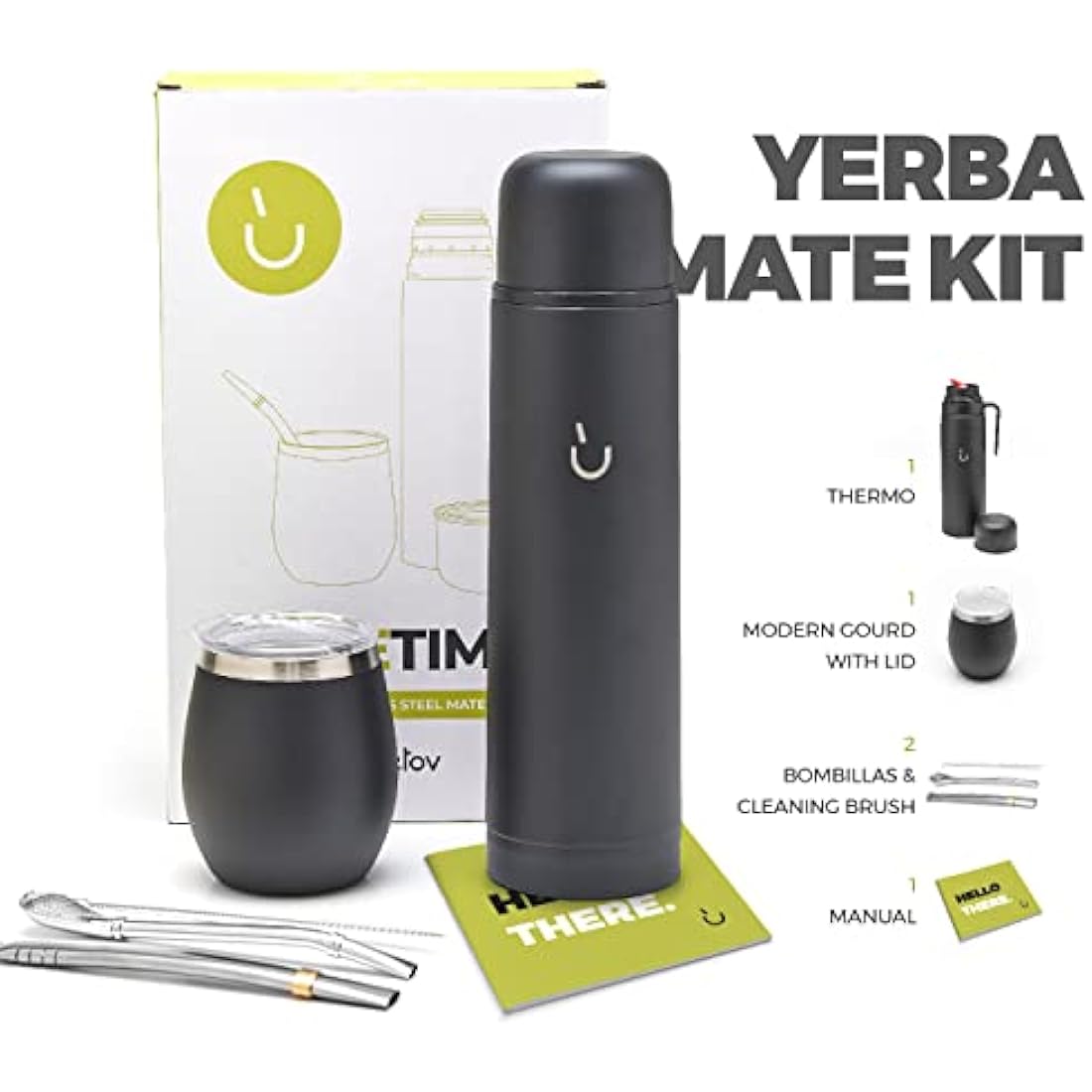 balibetov Complete Yerba Mate Set - Modern Mate Gourd, Vacuum Flask, Bombilla and Cleaning Brush Included - All Premium Quality 304 18/8 Stainless Steel (Black)