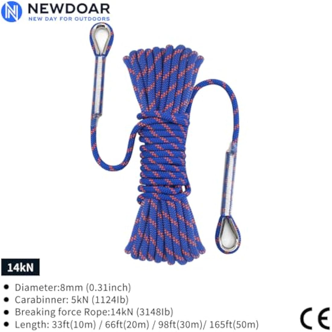 NewDoar 14KN Static Climbing Rope 8mm Accessory Cord Equipment 33FT(10M) 66FT(20M) 98FT(30M) 165FT(50M) Escape Rope with 2 Carabiners for Ice Climbing Fire Rescue Rope Safety Rope