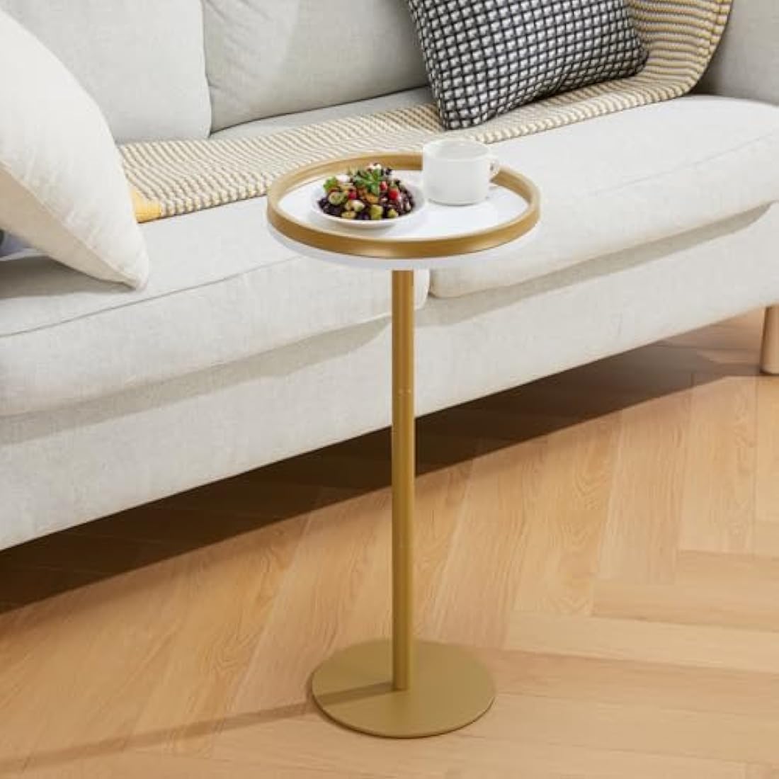 ZEXVIDA Small Round Coffee Table for Small Spaces,Drink Table for Living Room, Bedroom, Bathroom,Balcony (White Gold)