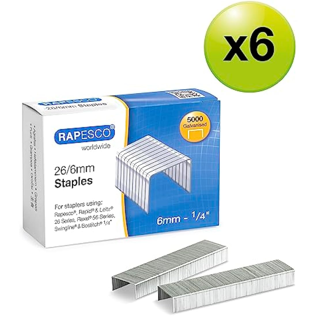 Rapesco 1735 Business Pack: 26/6mm (No.56) Galvanised Staples, 6 Boxes of 5000