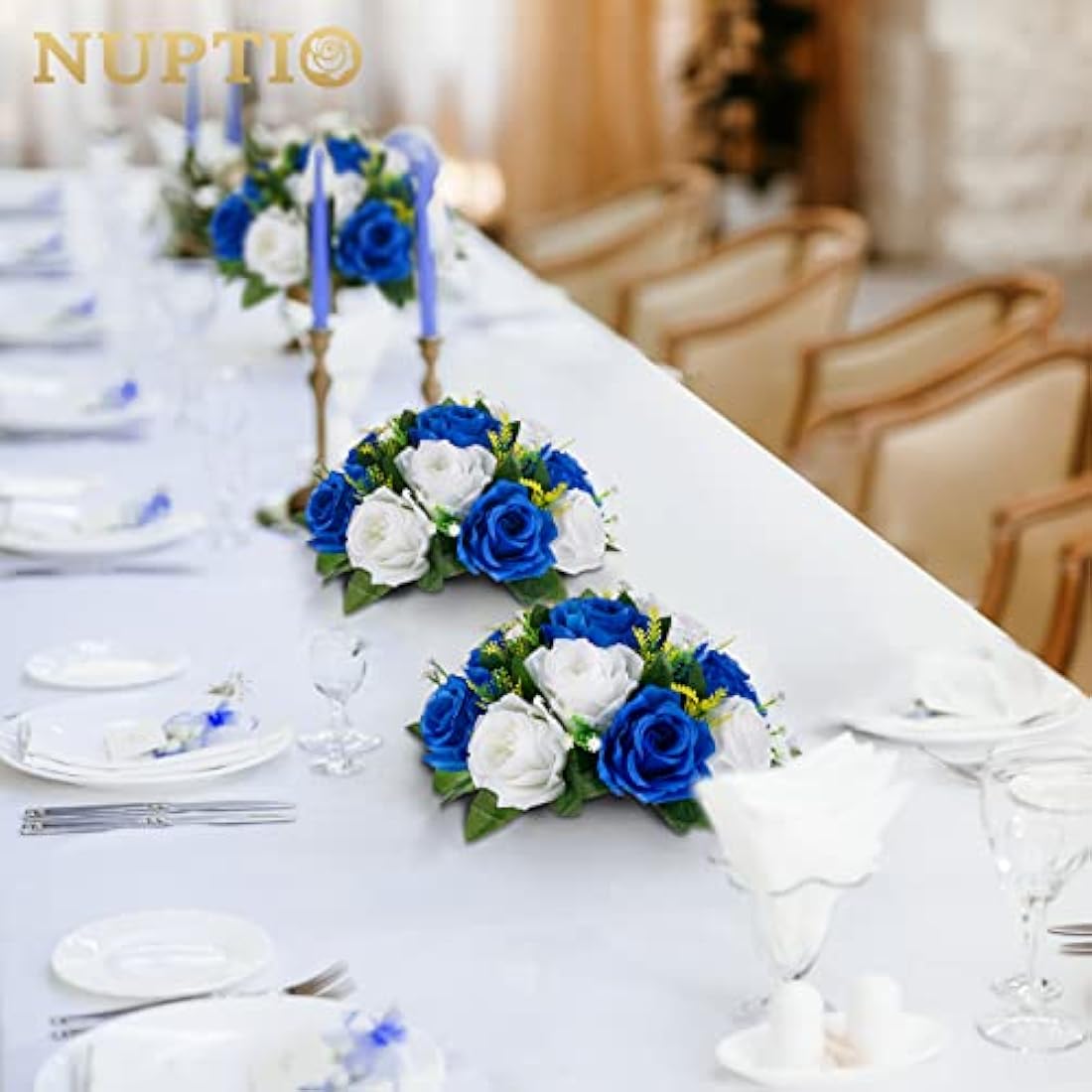 NUPTIO Artificial Flower Ball Centrepieces: 2 Pcs Royal Blue & White Fake Flowers Roses Balls 24cm Diameter for Centerpiece Faux Silk Rose Arrangements for Wedding Reception Party Table Decorations