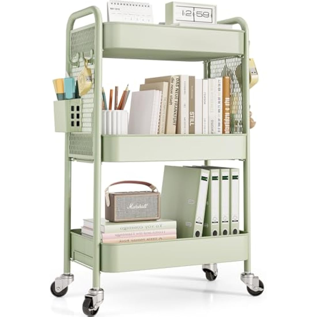 Urackify Storage Trolley on Wheels for Variety Applications, 3 Tier Trolley with Extra DIY Pegboards,Handing Bins, and Hooks for Living Room, Kitchen, Bathroom, Office, Classroom, Green