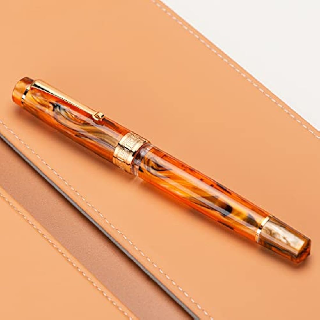 Asvine P20 Piston Fountain Pen Amber Resin, Iridium Extra Fine Nib Gold Trim Smooth Writer Collection with Case Set