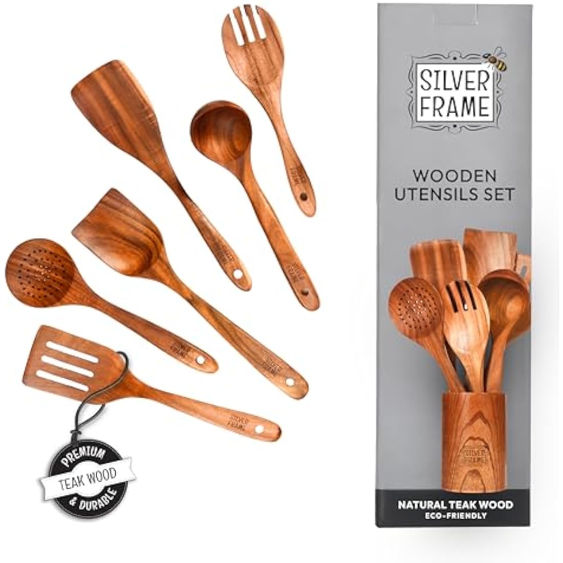 Silver Frame Wooden Spoons for Cooking, Utensils Set with Kitchen Holder -7 pcs of Teak Wood Cooking Utensils Set, Wooden Kitchen Utensils for Nonstick Pans and All Kind of Cooking