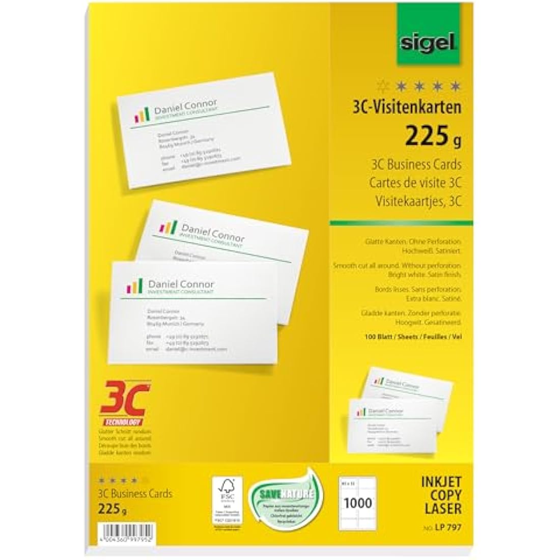 SIGEL LP797, 85x55 mm (A4), Business Cards, 3C, smooth cut all around, 225 gsm, printable, bright White, 1000 Piecesequal to100 sheets