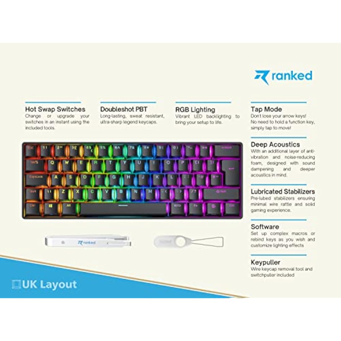 Ranked S60 Supernova 60% | Hot Swappable Mechanical Gaming Keyboard | 62 Keys Multi Color RGB LED Backlit for PC/Mac Gamer | ISO UK Layout (Black, Gateron Optical Speed Yellow)