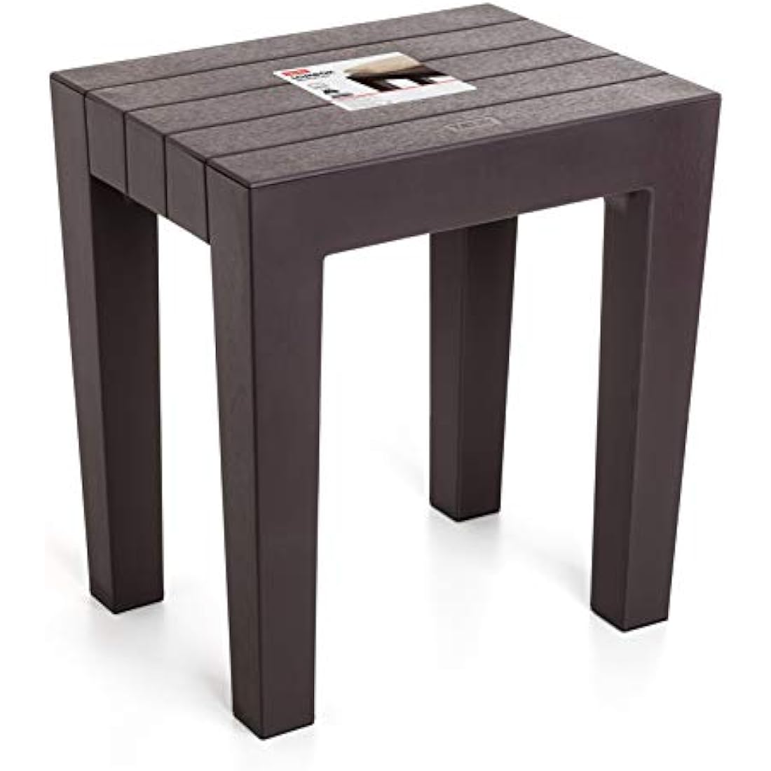 TATAY rectangular stool made of brown textured polypropylene, with a wood effect finish. Anti-UV protection, suitable for indoor and outdoor use. Size 38x29x41m5 cm
