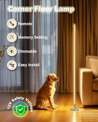 TACAHE Minimalist Corner Floor Lamp - 2700K-6500K Dimmable LED Night Light - Modern Standing Mood Lamp with Remote Control for Living Room, Bedroom - 57" 12W - Silver