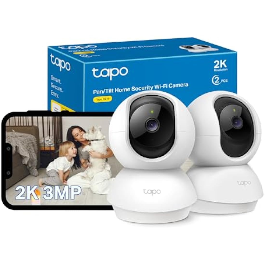 Tapo Wifi Indoor Camera, 2K 3MP Full HD Baby Camera, 360° Security Wireless Pet Camera, Night Vision, Work with Alexa & Google Home, 2 Pack(Tapo C210P2) (Package may vary)