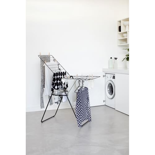 Brabantia HangOn Laundry Drying Rack (20m / Matt Black) Compact, Foldaway, Adjustable Indoor Stainless Steel Clothes Horse