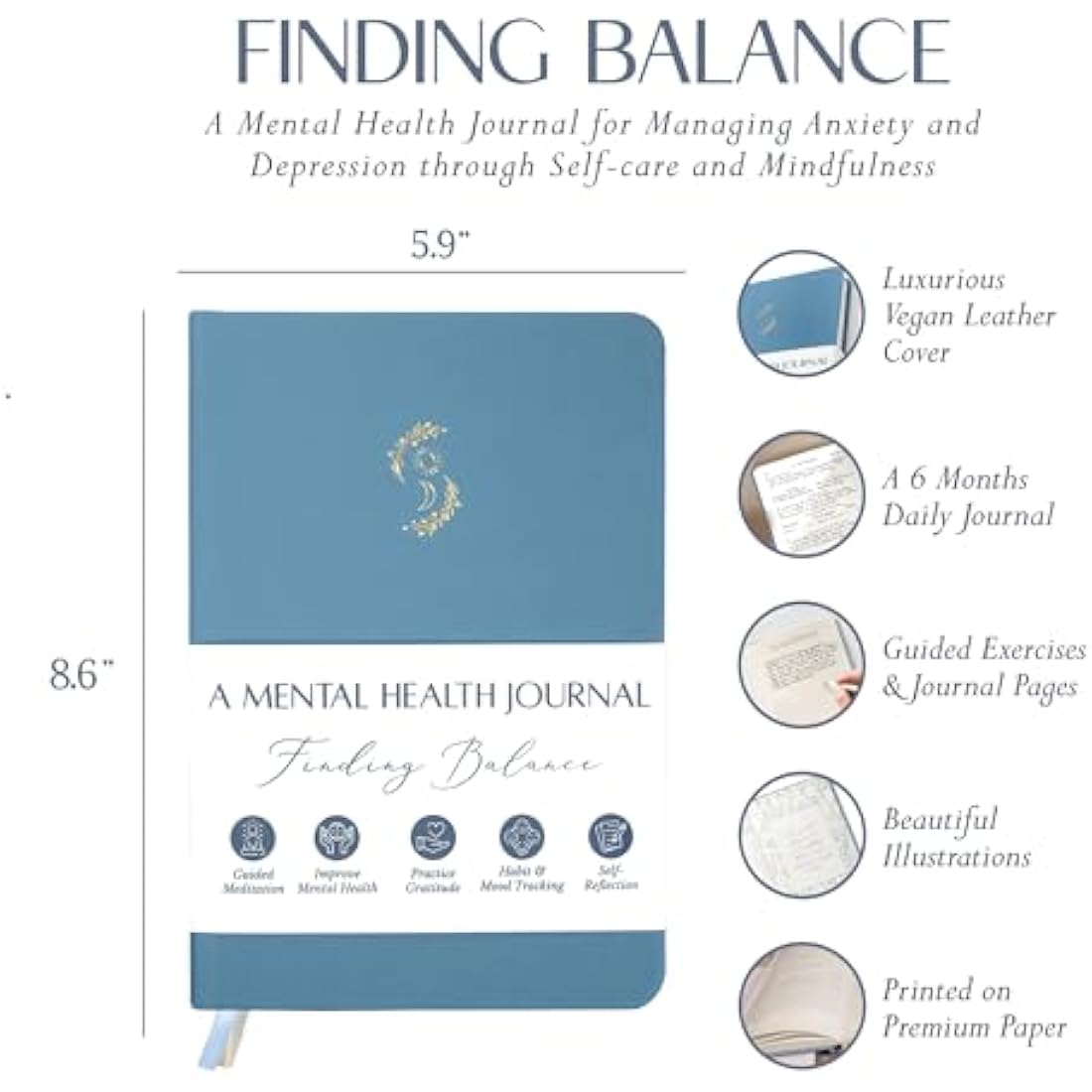 LIFTINSPIRE CO. FINDING BALANCE Mental Health Journal – 6-Month Daily Journal with Prompts for Mindfulness, Self-Care & Healing – Anxiety & Depression Relief – Blue Hardcover