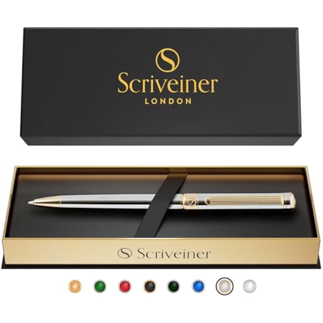 Scriveiner Silver Chrome Ballpoint - Stunning Luxury Pen, Real Gold Finish, Schmidt Black Refill, Best Ball Pen Gift Set for Men & Women, Professional, Executive, Office, Nice, Fancy Pens