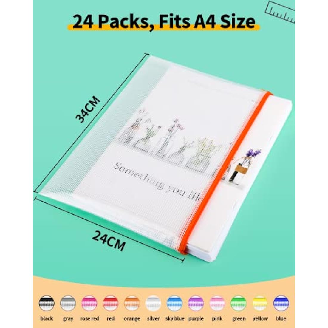 Smarpau 24PCS Plastic Wallets A4, A4 Plastic Document Folders Zip Wallets, Zip Lock Bags Mesh Zipper Bag for School Office Travel Storage (12 Colour)