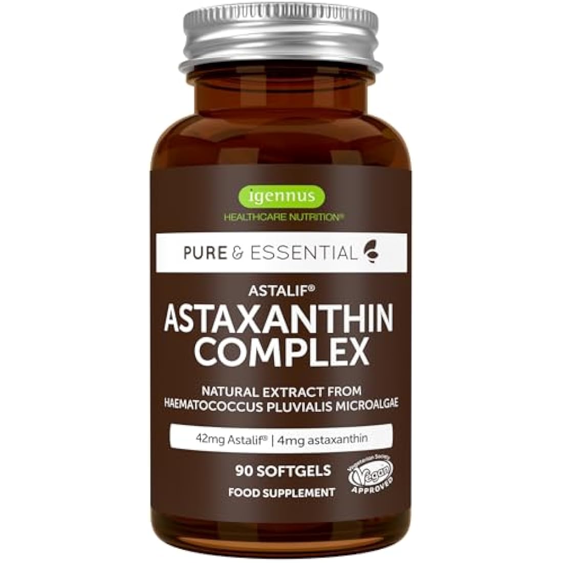 Astaxanthin Complex, 42mg Microalgae Complex Oil Providing 4mg H. Pluvialis Astaxanthin, 90 Vegan Softgels, by Igennus
