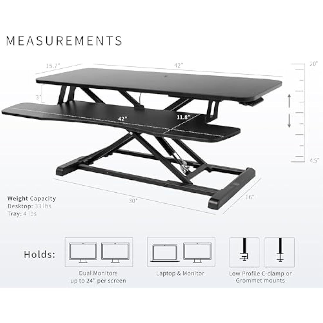 VIVO 107 cm Desk Converter, K Series, Height Adjustable Sit to Stand Riser, Dual Monitor and Laptop Workstation with Wide Keyboard Tray, Black, DESK-V042KB