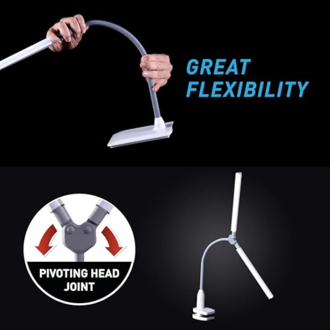 Daylight DuoPro™ Clamp Lamp - High CRI 95+, Double Head Design, LED (6,000K, 2100 Lux), Anti-Glare Shades, 4 Brightness Levels, Flexible Arm, Sturdy Clamp (Grey/White)
