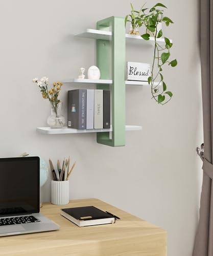 SUMGAR Floating Shelves for Wall Mounted Shelf Unit White Green All Pine Wood 50CM 3 Tier Large Rack for Bedroom Living Room Office Bathroom Home