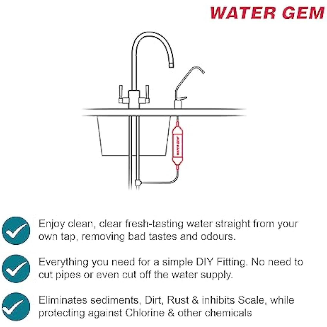 Water Gem Under Sink Filter System Replacement Inline Filter | Kitchen Tap Water Filter Cartridge | Universal 3/8" Male Stem Filter for Chlorine, Taste, Odour and Scale (2 Pack)