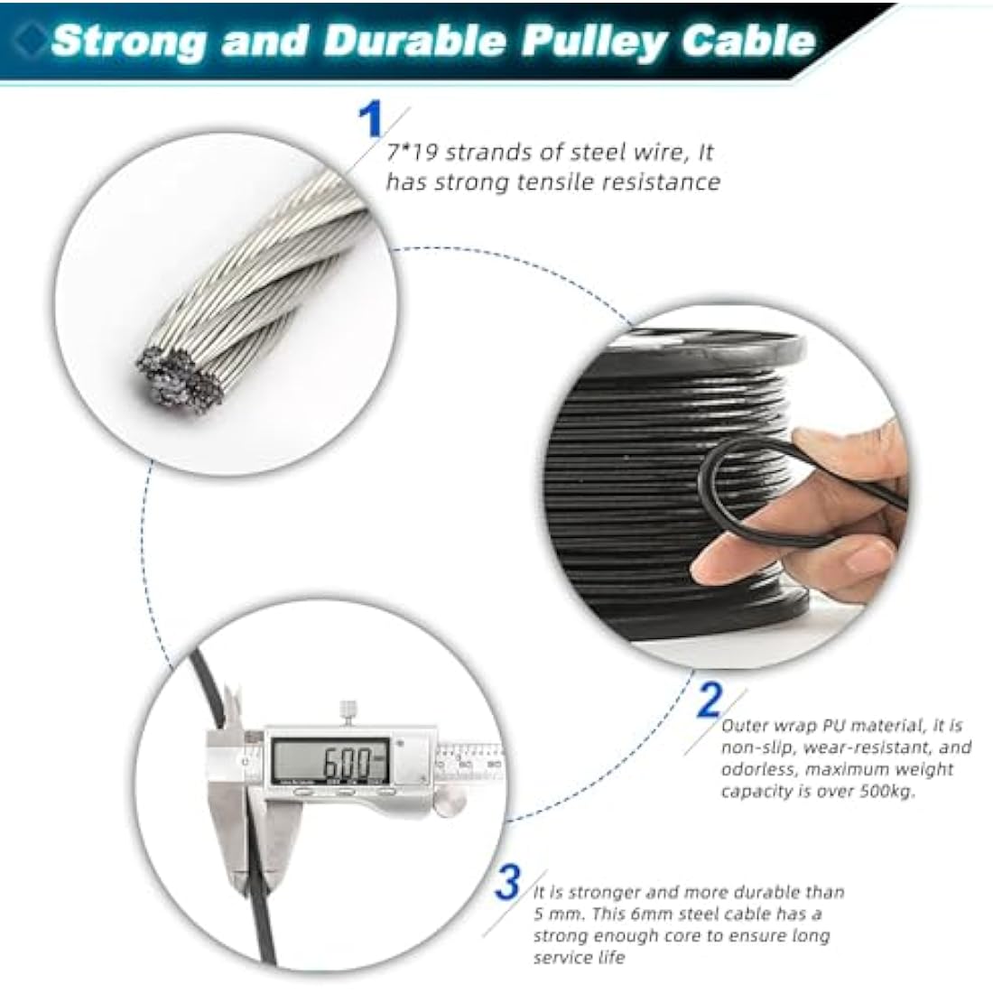 BBYPP Fitness Pulley Cable, Replacement Gym Cable for Pulley Machine, Steel Cable 2 Inch Thick