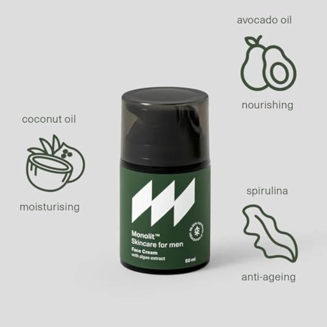 Monolit Face Cream with Algae Extract, For Man, Nourishing Avocado Oil, Anti-aging Spirulina, Moisturizing Coconut Oil, 50ml