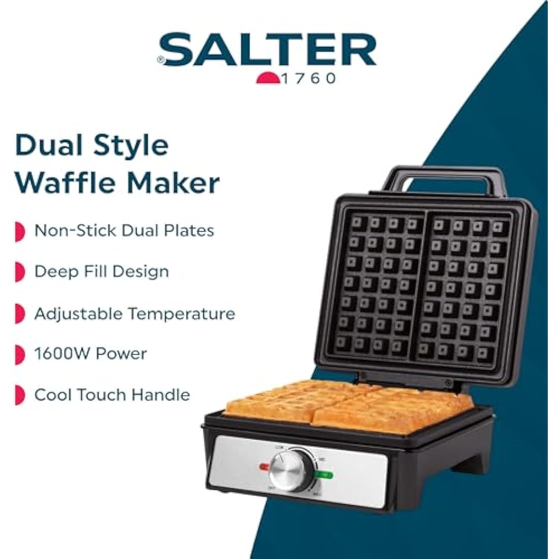 Salter EK5848 Waffle Maker Machine – Non-Stick Dual Waffle Iron Plates, Deep Fill Belgian & American Waffle Machine, Adjustable Temperature Control, Cool Touch Handle, Savoury Snacks & Desserts, 1600W