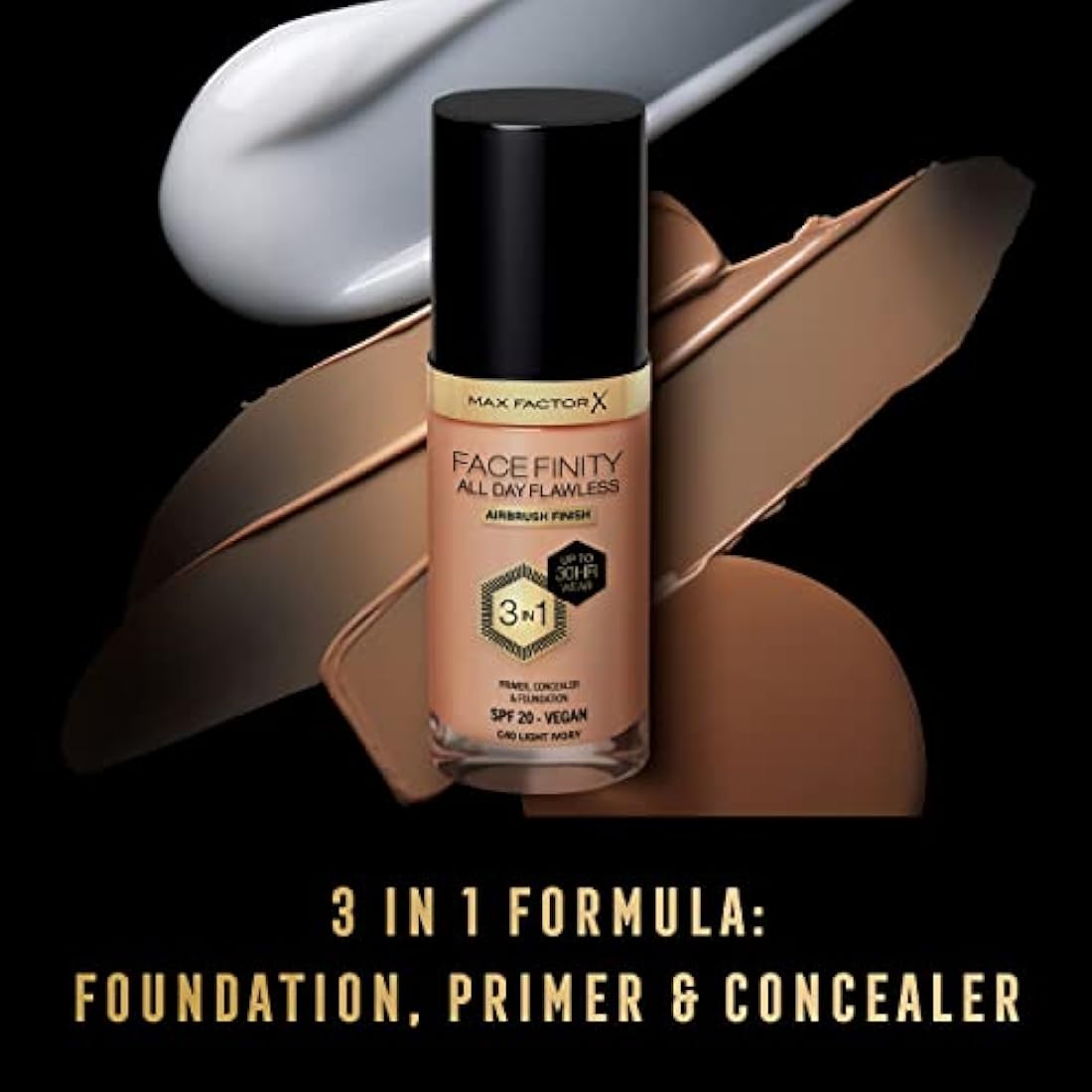Max Factor Facefinity 3-in-1 All Day Flawless Liquid Foundation, SPF 20 - 40 Light Ivory, 30 ml