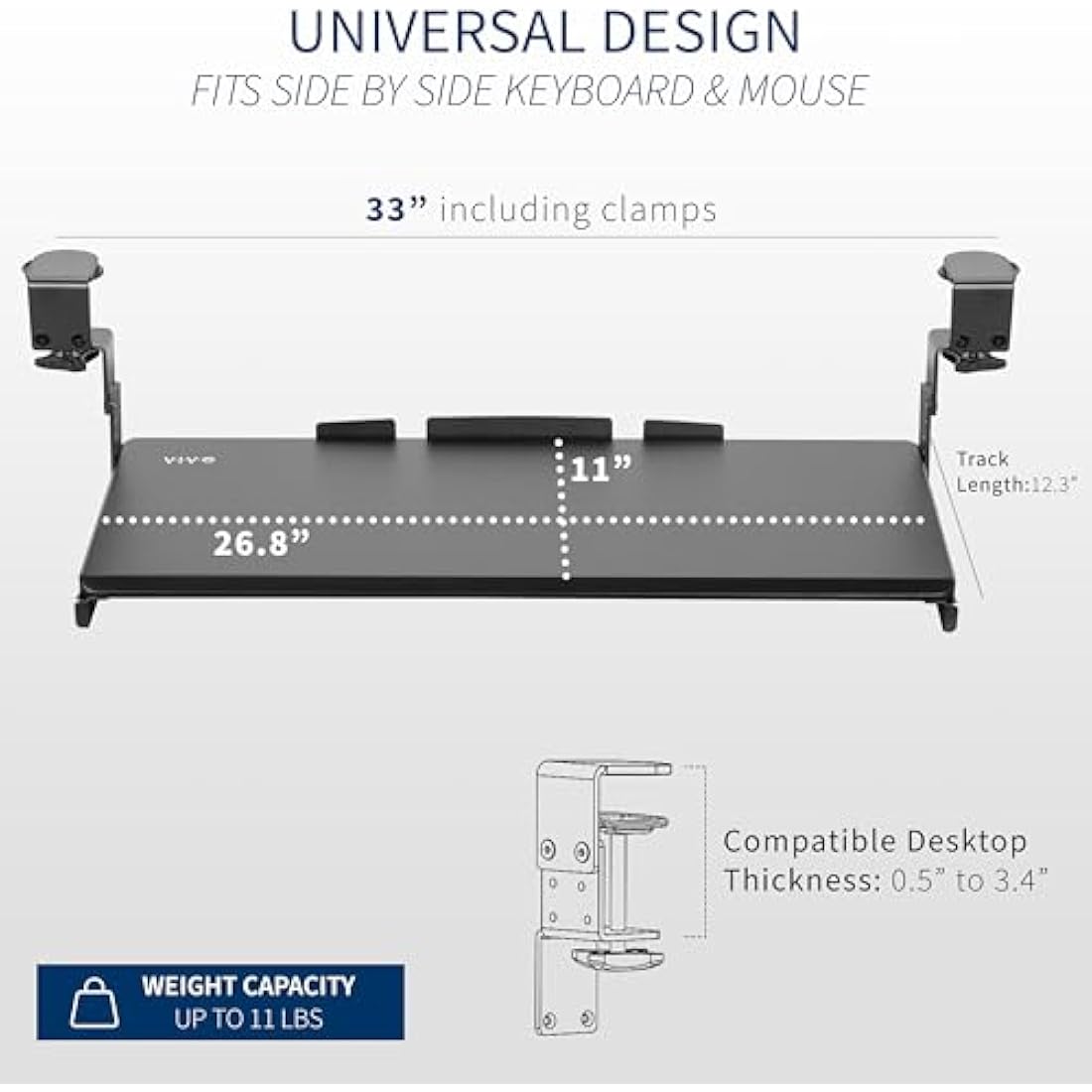 VIVO Large Height Adjustable Under Desk Keyboard Tray, C-clamp Mount System, 27 (33 Including Clamps) x 11 inch Slide-Out Platform Computer Drawer for Typing, Black, MOUNT-KB05HB