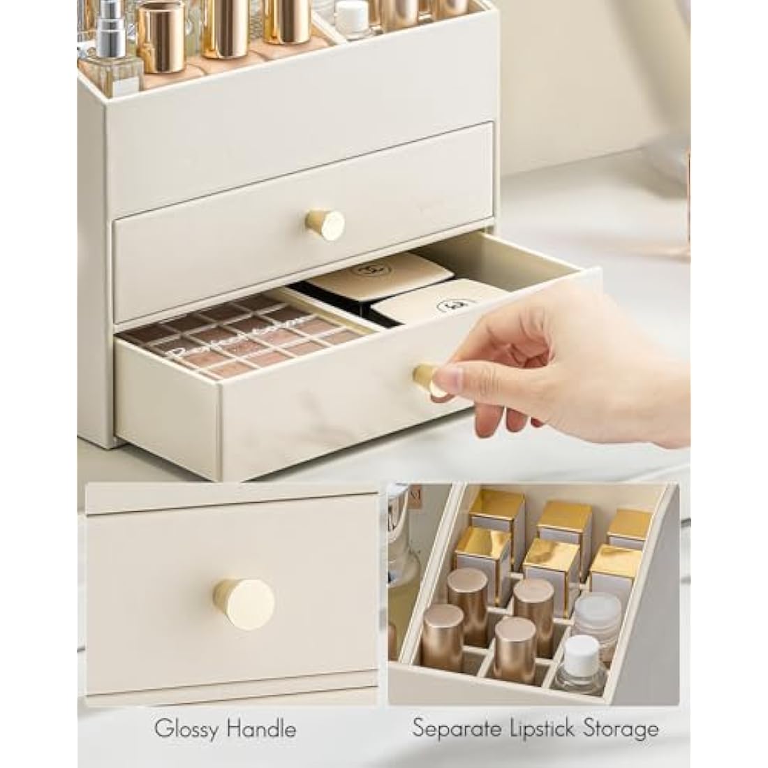 Vlando Makeup Organiser, Faux Leather Cosmetic Organiser with 2 Drawer, Dressing Table Organiser for Lipstick, Jewellery & Skincare Storage,Beige