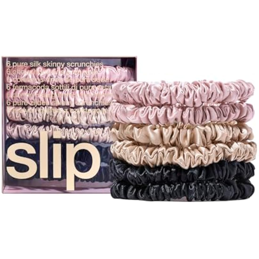 SLIP Silk Skinnie Scrunchies Set - Black, Pink, and Caramel - 100% Pure 22 Momme Mulberry Slipsilk Hair Ties for Women - 6 Pack
