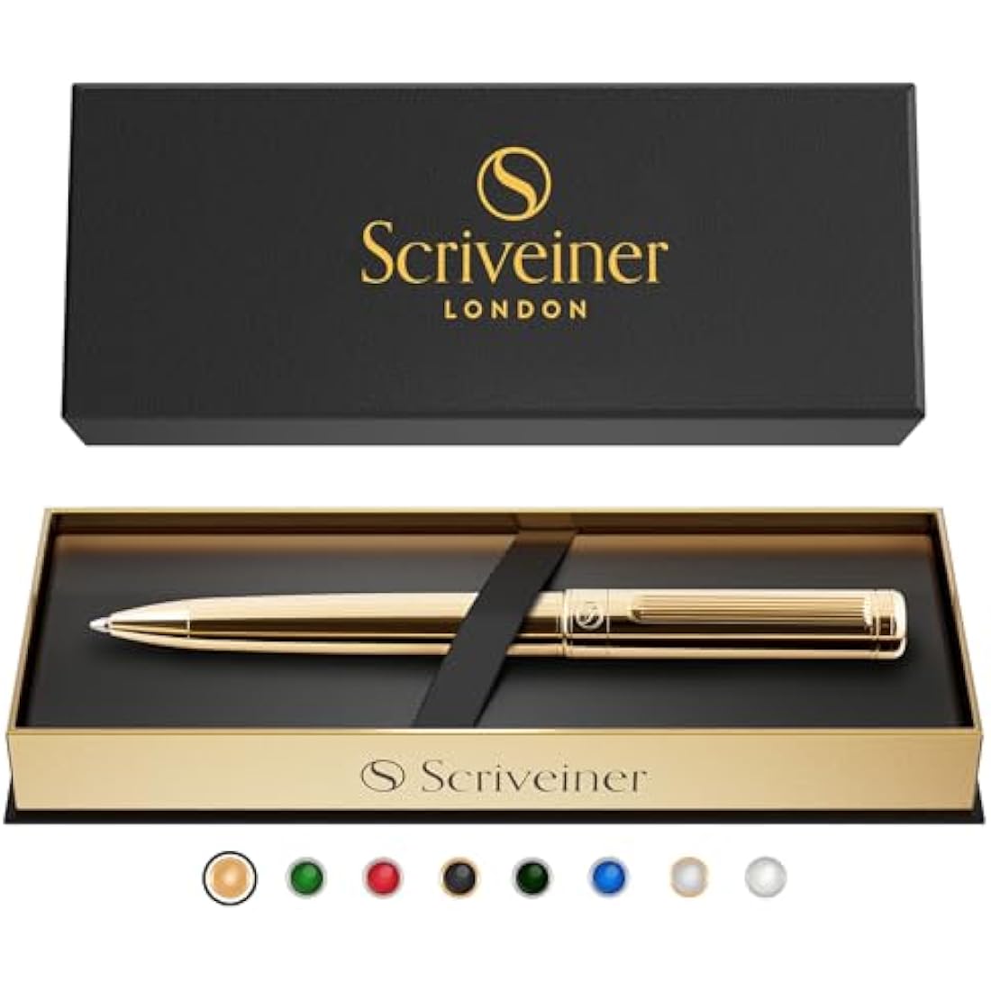 Scriveiner Gold Ballpoint Pen - Stunning Luxury Pen, Real Gold Plating, Schmidt Black Refill, Best Ball Pen Gift Set for Men & Women, Professional Executive Office, Nice Fancy Designer Pens