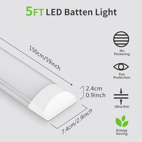 HUMIGA 5FT LED Batten Light, 50W Low Profile Wall Ceiling Surface Mounted Fitting, IP20 Slim Wide Tube Lighting for Office/Home/Shop/Workshop/Warehouse, Neutral White 4000K,2 Pack