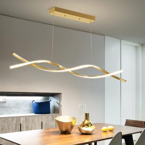 Mikeru 120cm Modern Wave Pendant Light, Gold Kitchen Island Lights Dimmable 10% to 100% Height Adjustable Chandelier 3000K/4500K/6000K 3 Color Change with Memory Function for Restaurant