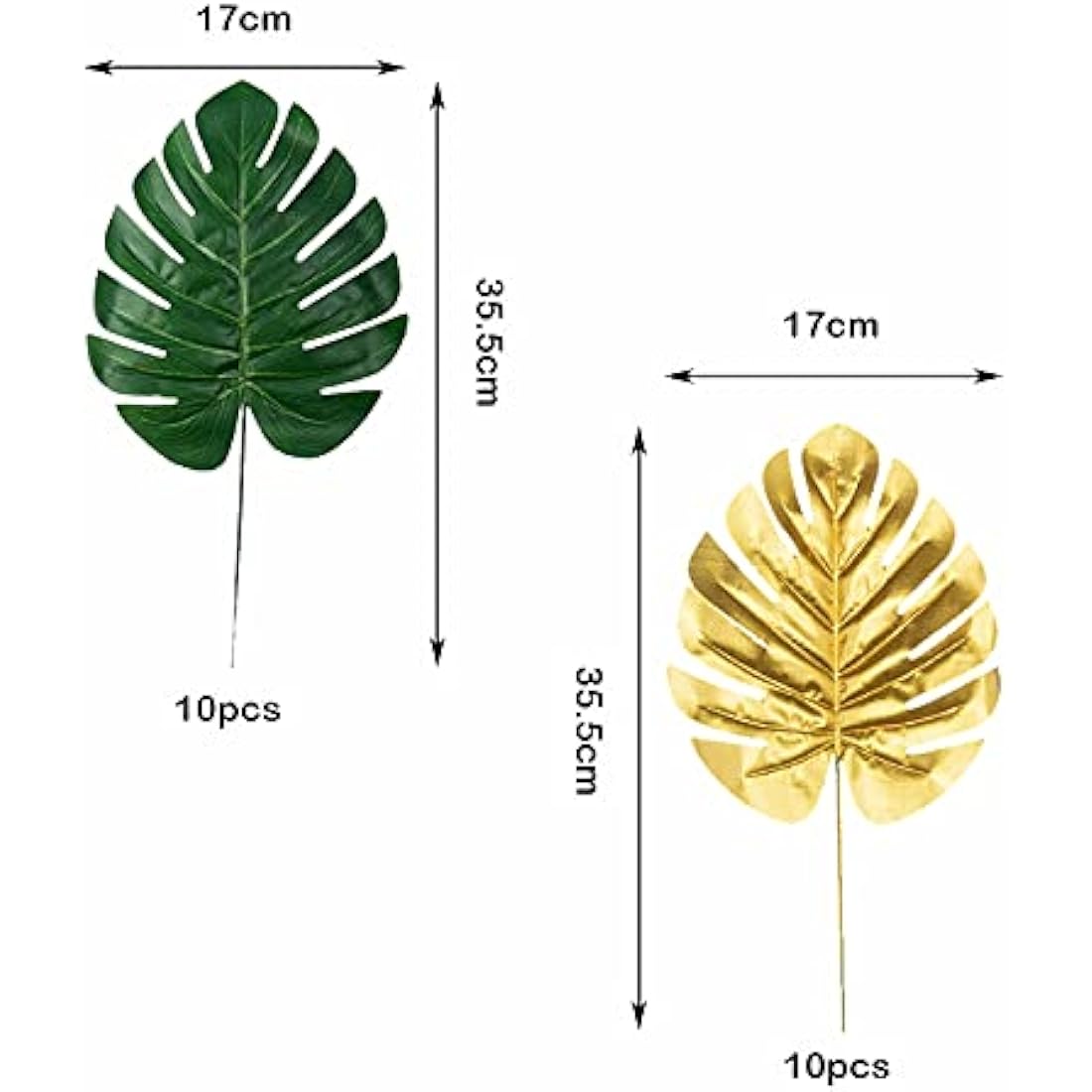 Artificial Palm Leaves, 20 Pcs Faux Monstera Leaves Golden Fake Jungle Leaf Tropical Leave with Stems for Hawaiian Jungle Theme Tropical Party Table Decorations